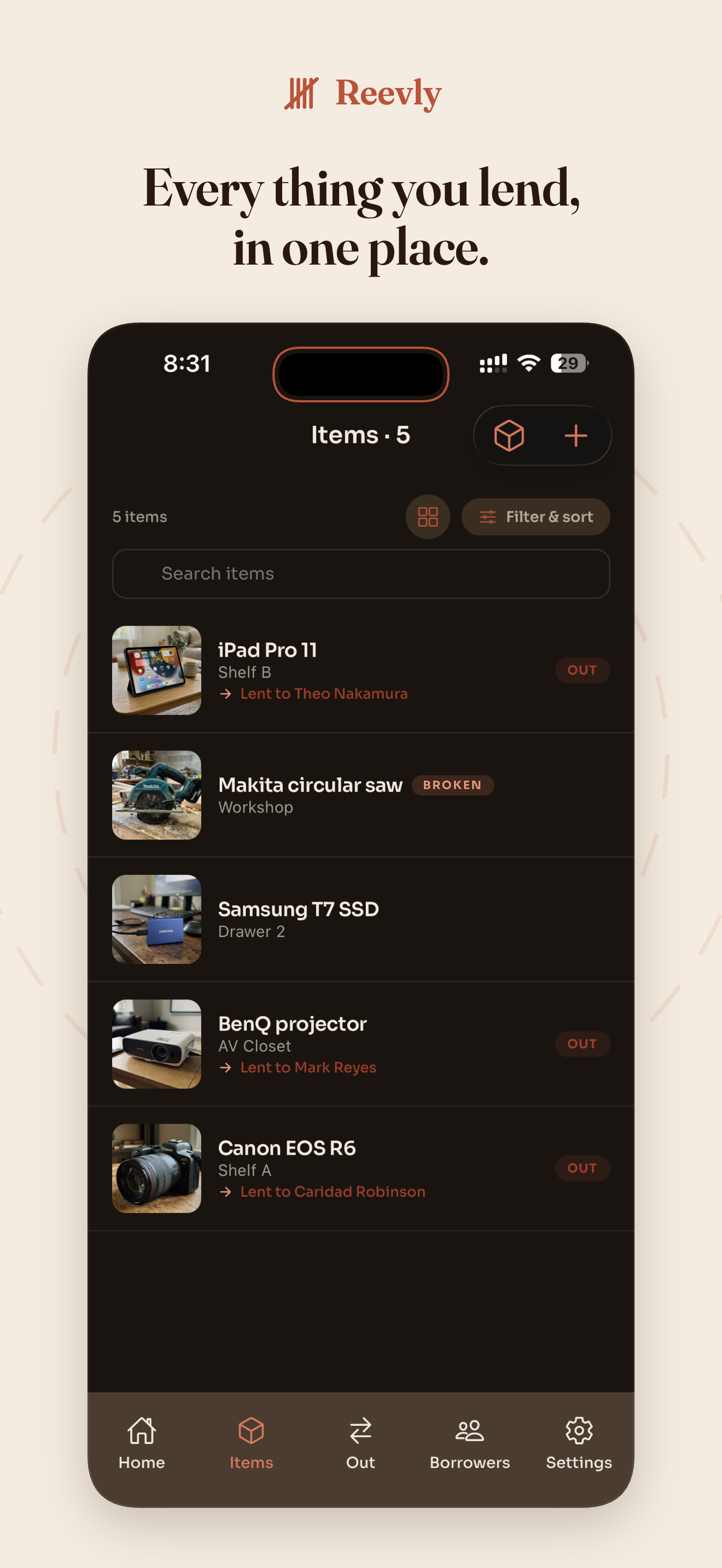 Reevly items list with photos, locations, and current loan status for each item.