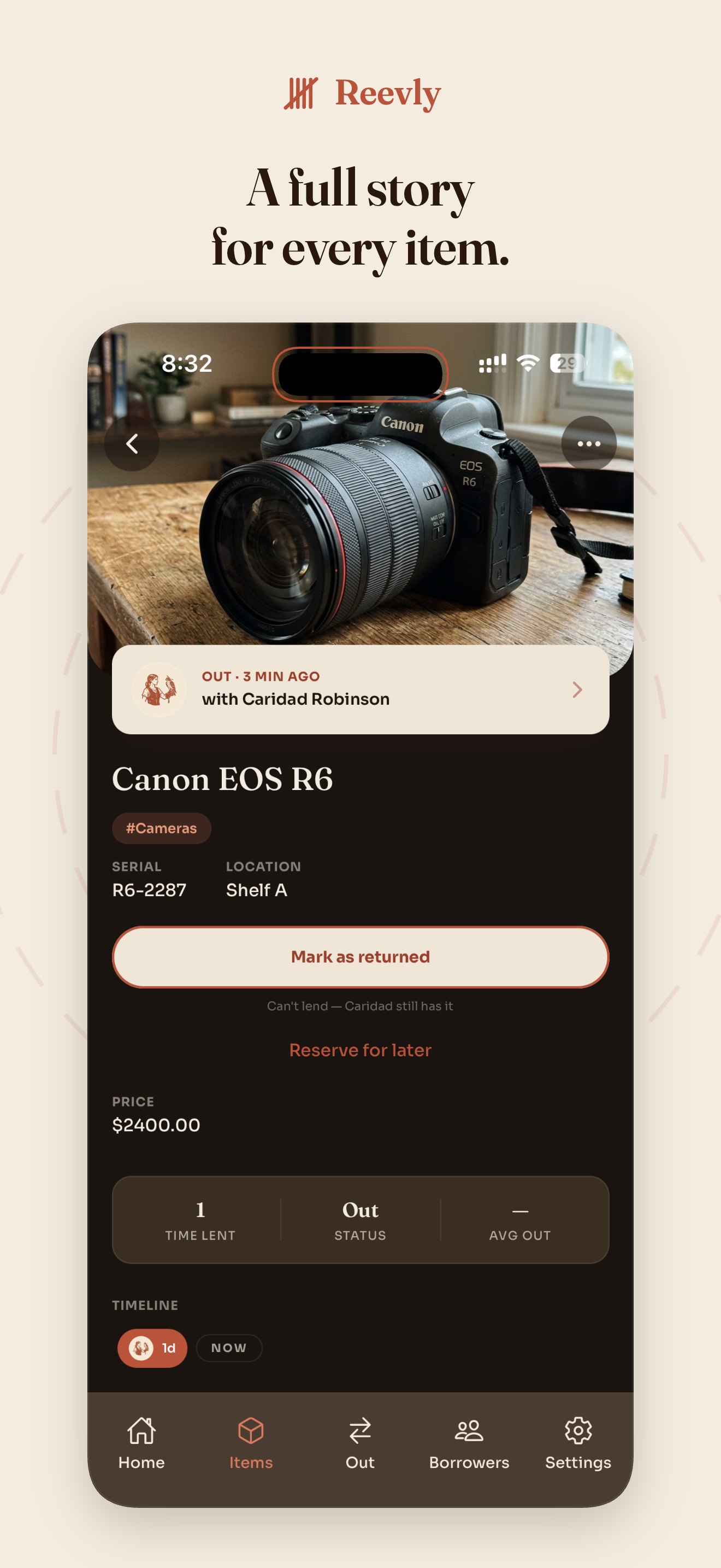 Item detail screen for a Canon EOS R6 showing the current borrower, serial, location, and loan history.