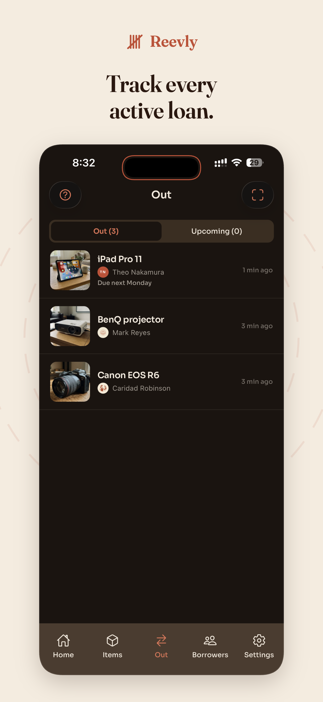 Borrower picker showing a list of saved borrowers with custom avatars.