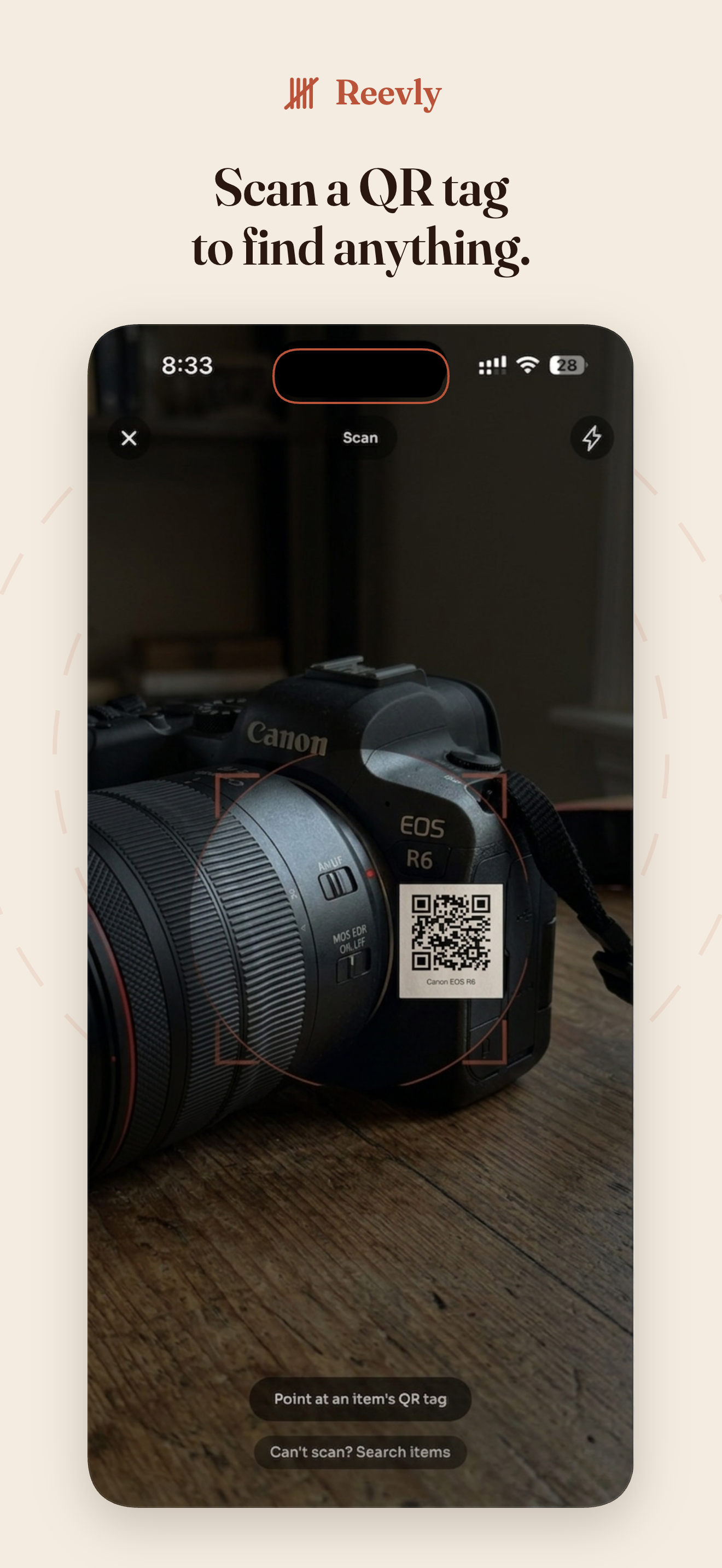 QR scan screen with a viewfinder reticle aimed at a Reevly QR tag on a Canon camera.