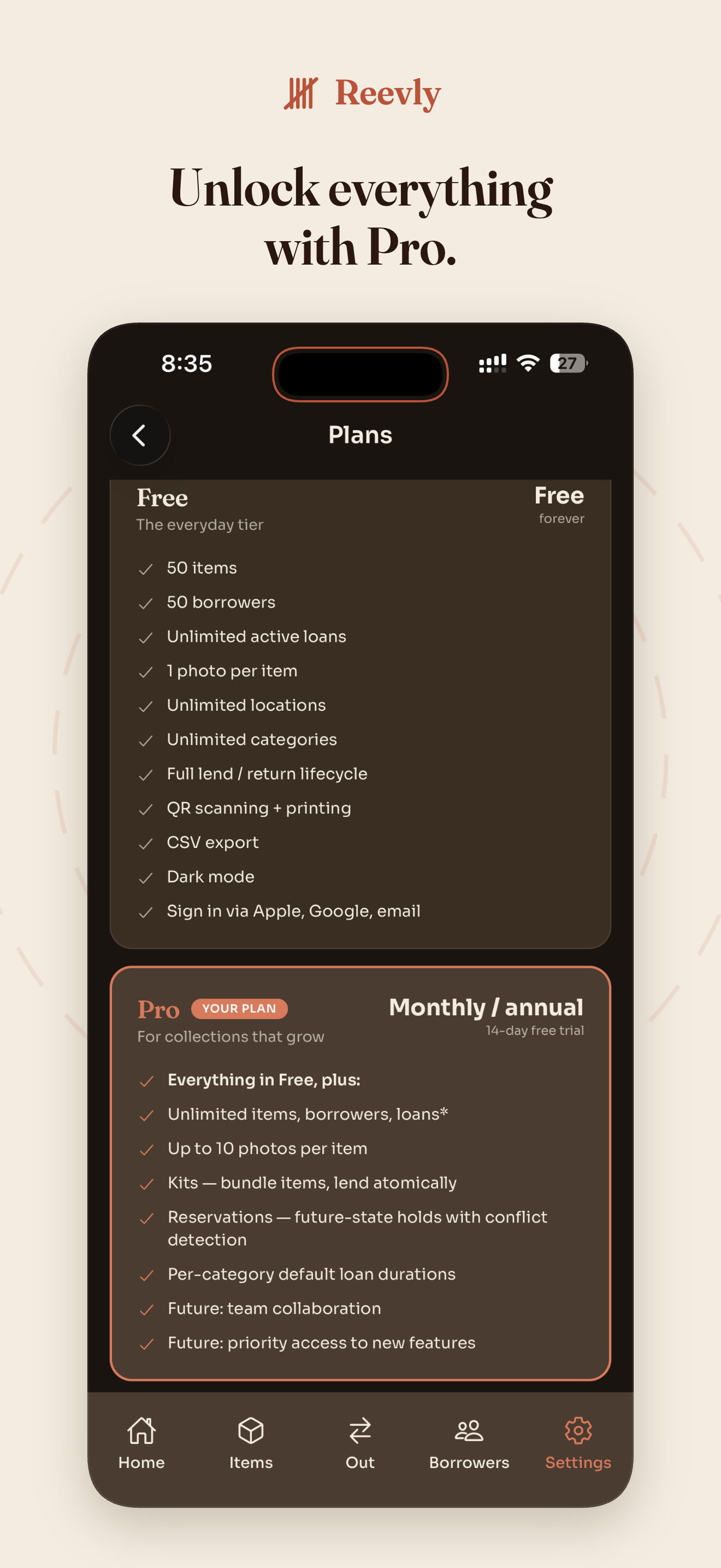 Plans screen comparing the Free tier (50 items, 50 borrowers) against Reevly Pro (unlimited).
